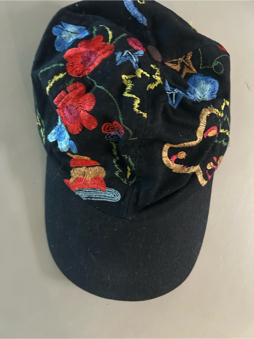 Chicos Black Embroidered Floral Baseball Cap